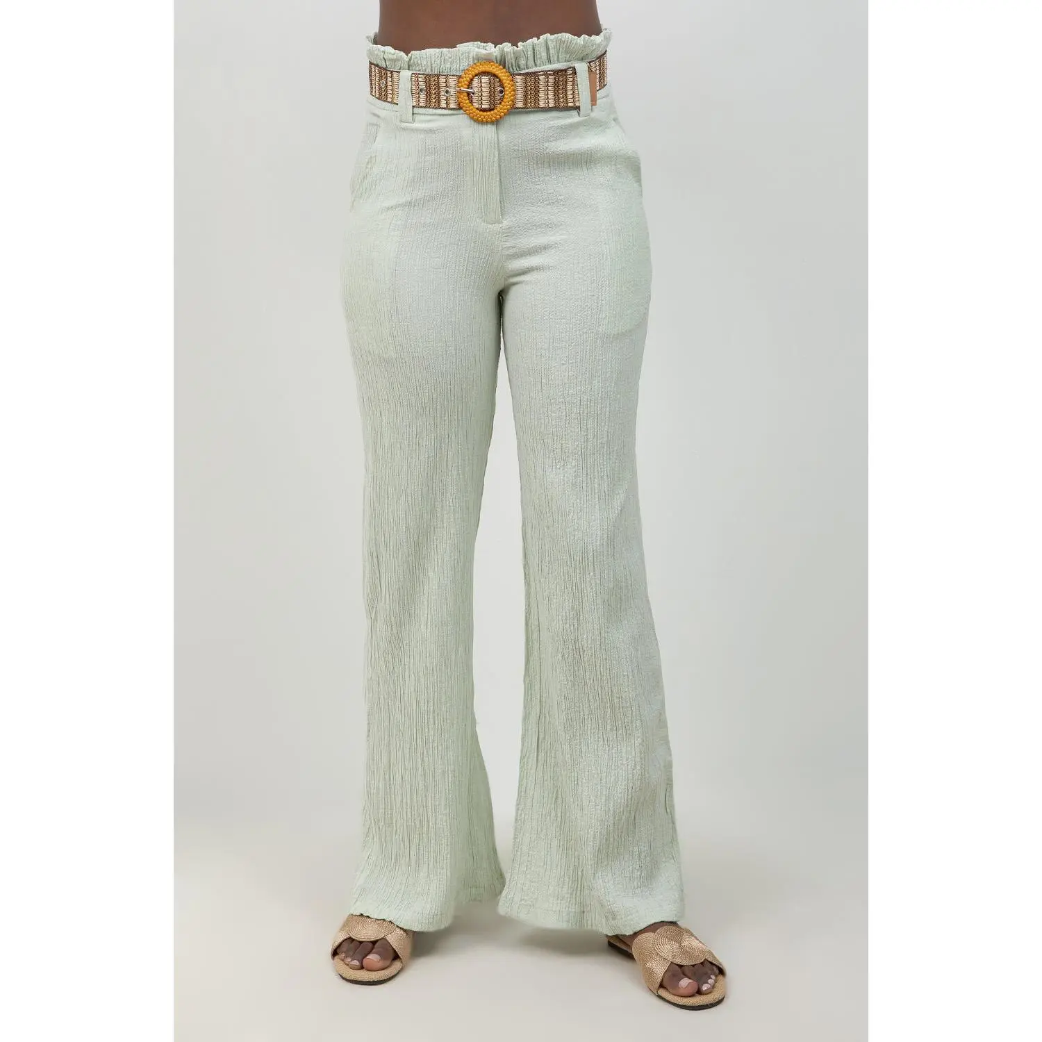 Crinkle Linen Blend Wide-Leg Pants with Belt