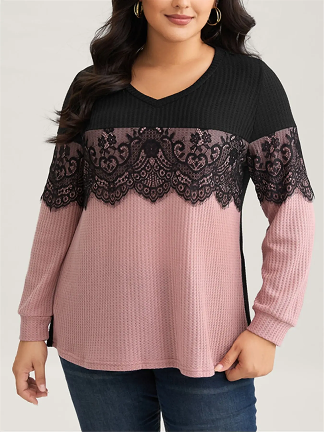 Crochet Lace Mesh Contrast Patchwork Knit Top, Spring Womenswear, Lady