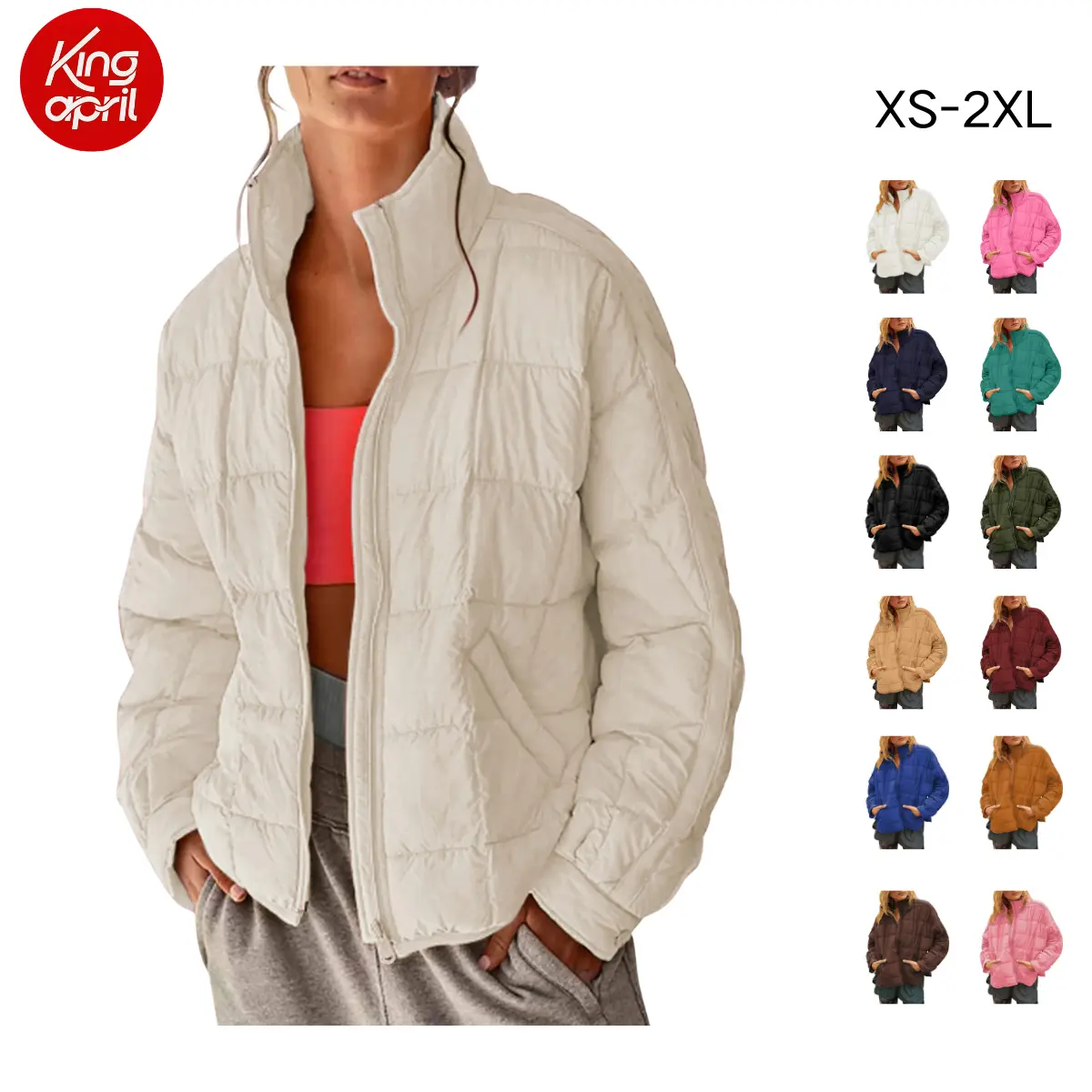Kingapril women’s down jacket with a turn-down collar and quilted design, lightweight loose casual outerwear with zipper closure and pockets, stylish and foldable, Long Sleeve, Coats
