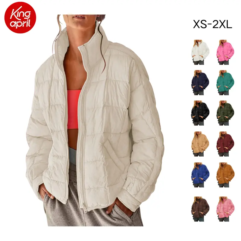 Kingapril women’s down jacket with a turn-down collar and quilted design, lightweight loose casual outerwear with zipper closure and pockets, stylish and foldable, Long Sleeve, Coats