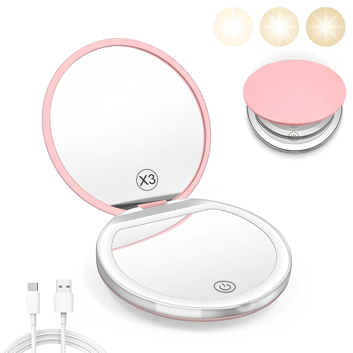 CENPIN Portable Foldable Makeup Mirror, 1 Count Glam Travel Makeup Mirror with LED Light, Compact Cosmetic Mirror for Women, Pocket Size Makeup Tools, Travel Hand Mirror