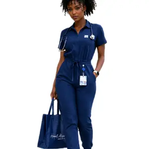 Lady's Heart Align Scrubs Jumpsuit, Women's Short-Sleeve Medical Uniform Clothes, Zipper Front, Multiple Pockets, Fit Navy Blue Workwear Uniforms