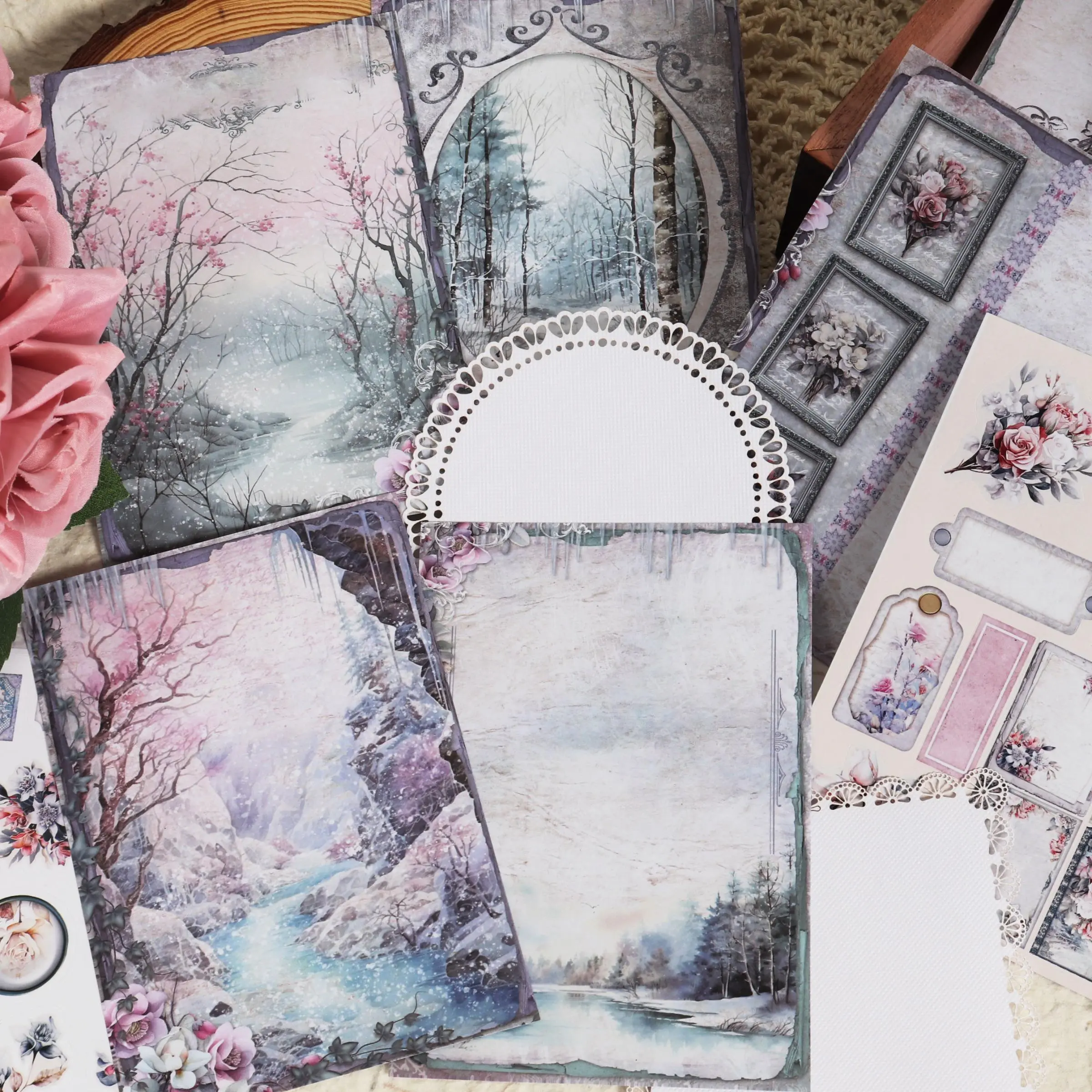 Romantic Scenery DIY Hollow Lace Handmade Decorative Paper Set, 82pcs/set Writable Romantic Scenery DIY Paper & Sticker Set, Stickers Kit, Art Stickers, Scrapbook Supplies, Scrapbooking Kit, Creative Paper Kit, Handcraft, DIY Crafts, Crafting Kit