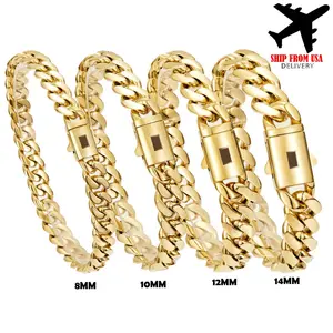 8-14MM Black S Clasp Cuban Link Chain Bracelet For Men 14K Gold Plated Stainless Steel Hip Hop Jewelry