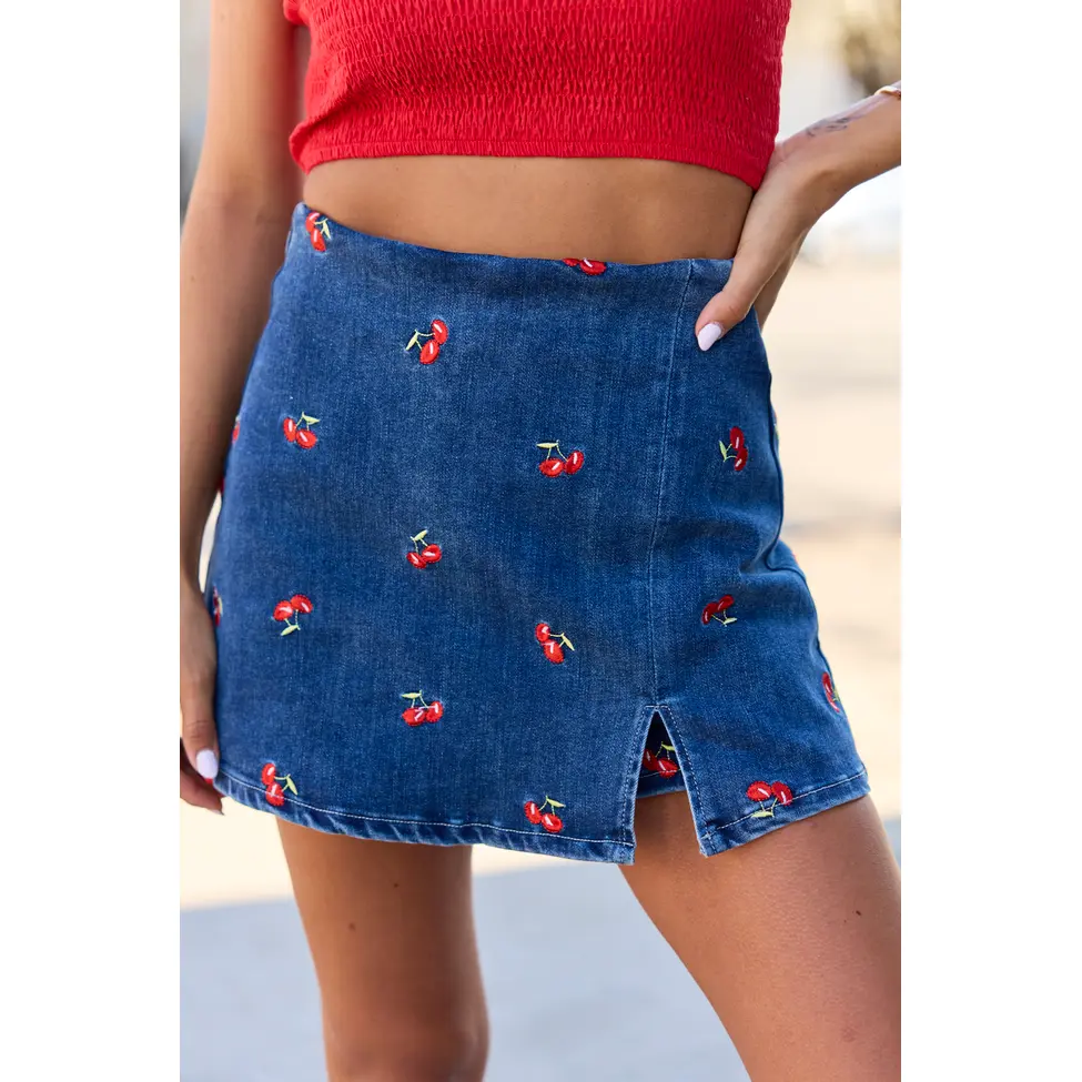 My Favorite Stretchy Dark Wash Cherry Embroidered Side Slit Denim Skort SALE