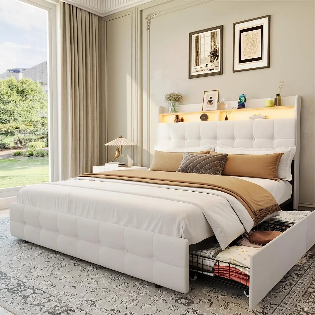 Garvee - Full Upholstered Queen Size Bed Frame with 2 Storage Drawers, LED Light, Double-Layer Headboard with Charging Outlet and USB Port, Soft Plush Fabric
