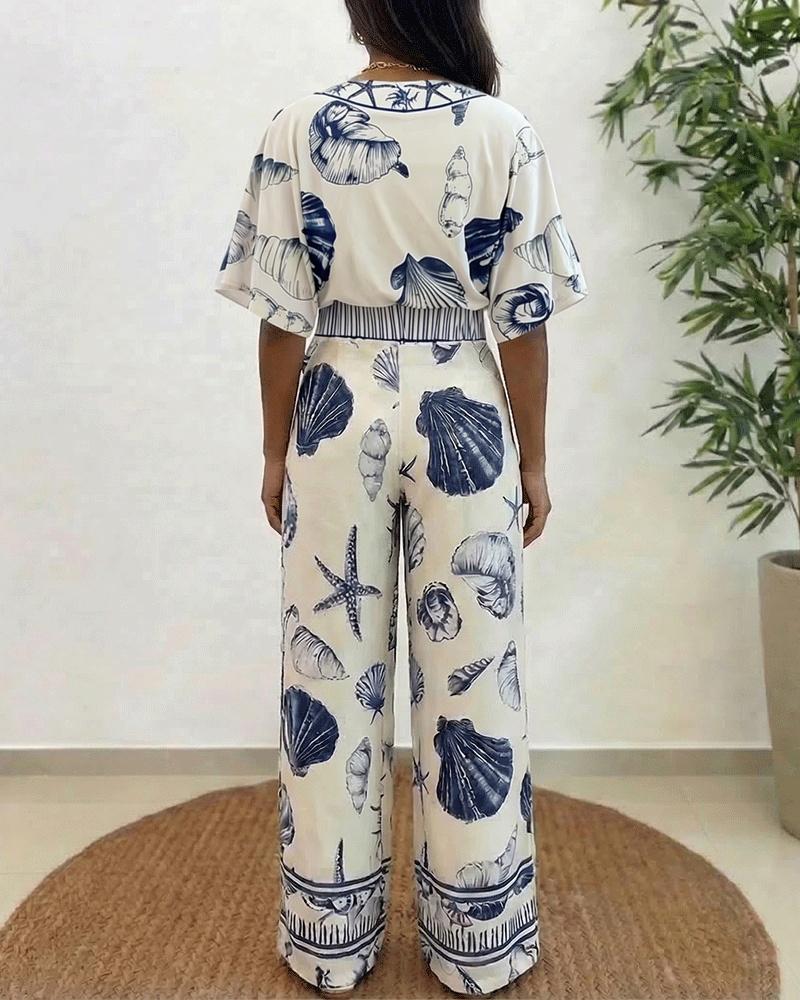 ChicMe Women's Ocean Print Jumpsuit Seashell Starfish Wrap V Neck Batwing Sleeve Tie Waist Wide Leg Romper with Pockets