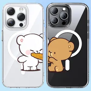Magnetic Shockproof Smartphone Casing & Paired Acrylic Card Holder Wallet, Bears Sharing Corn Matching Couple Design Clear MagSafe Compatible Accessories for iPhone 16 Pro Max, Cellphone Cover for Samsung Galaxy S24