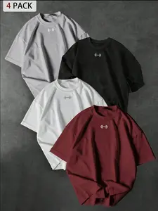 4 Pack Men's Dumbbell Graphic Workout T-Shirts, Oversized Casual Tee Shirts, Breathable Short Sleeve Gym Fitness Tops, Activewear Tee, Multiple Colors