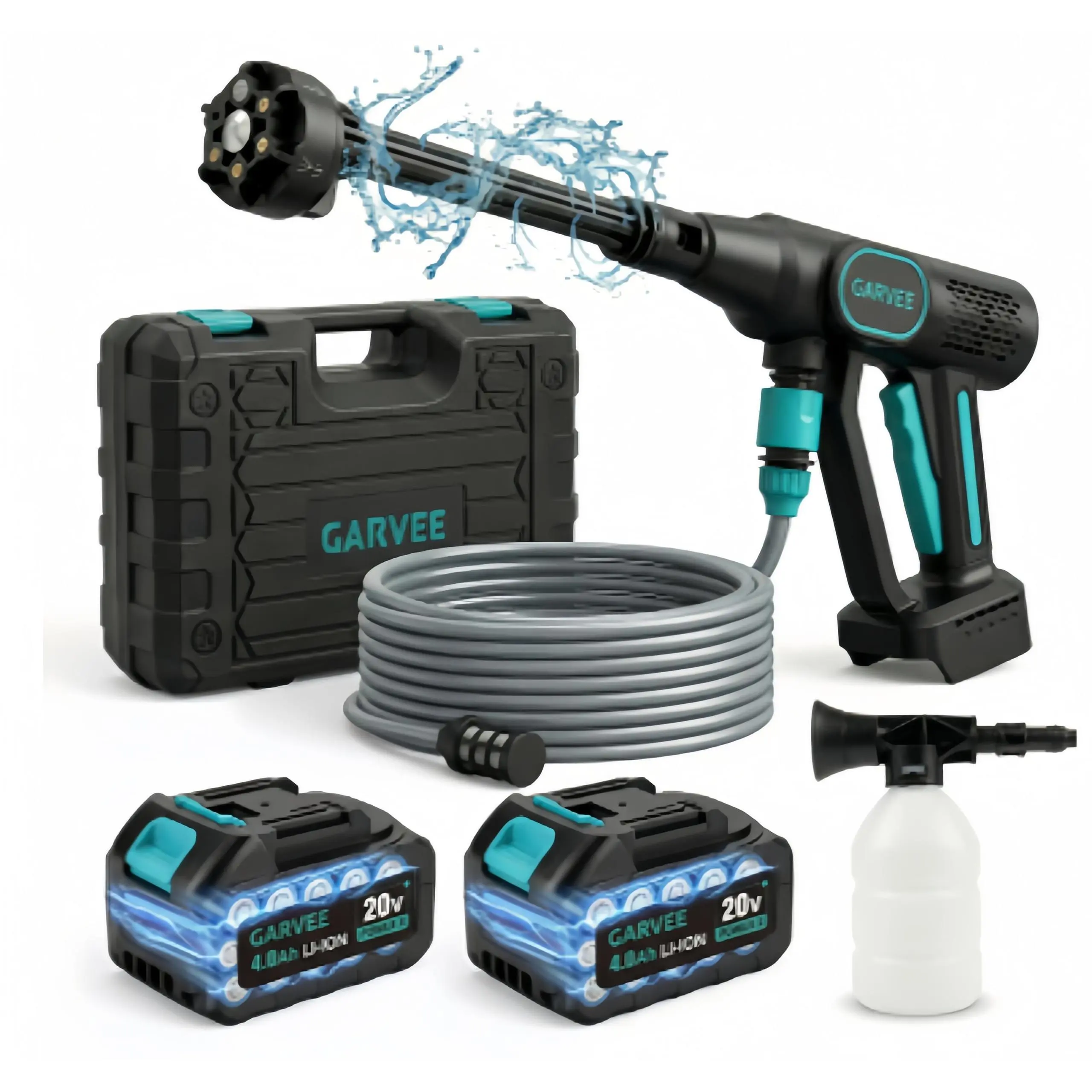 GARVEE Cordless Pressure Washer - Portable Pressure Washer, Battery-Powered Handheld Tool with 6-in-1 Nozzle, 26FT High-Elastic Hose, 4.0Ah Battery & Charger for Home, Car Cleaning