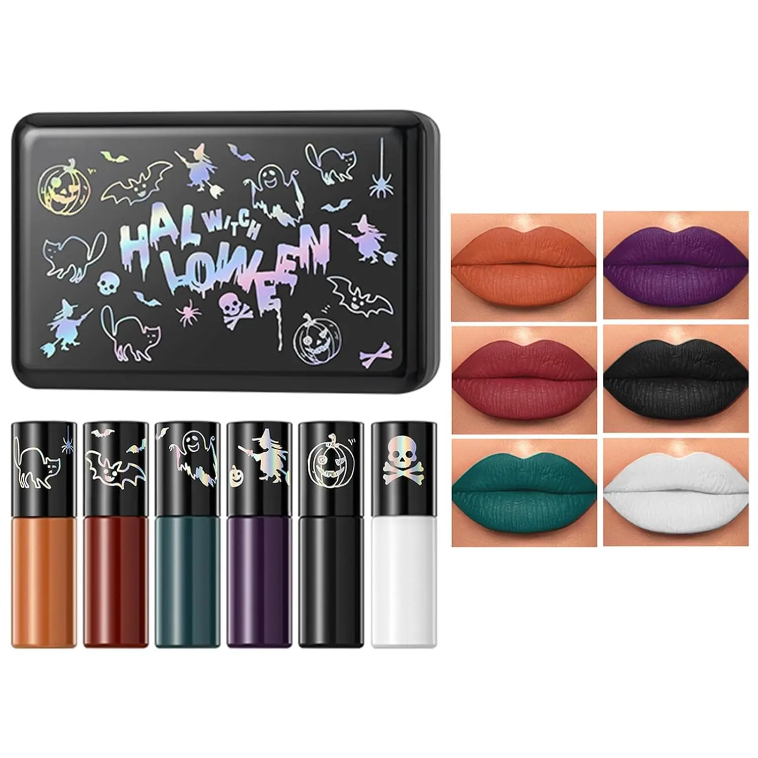 Women's Matte Liquid Lipstick Set, Halloween Cosplay Goth Cosmetic, Waterproof Long-Lasting Lip Stain, Non-Stick Cup Lip Gloss with Black, White, Green, Purple, Red, Orange Shades