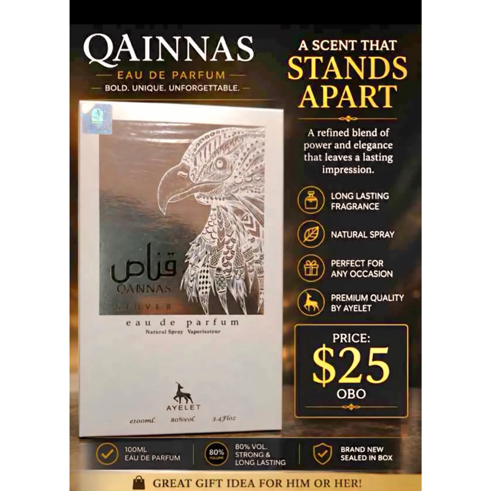 Ayelet Qainnas Eau de Parfum 100ml - Long Lasting Fragrance, Natural Spray, Premium Quality, Perfect for Any Occasion, Great Gift Idea