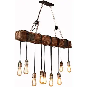 10-Light Industrial Rustic Wood Pendant Light Chandelier Lighting Hanging Ceiling Fixture Vintage Farmhouse Lighting Adjustable Chain for Kitchen Island, Hallway, Foyer
