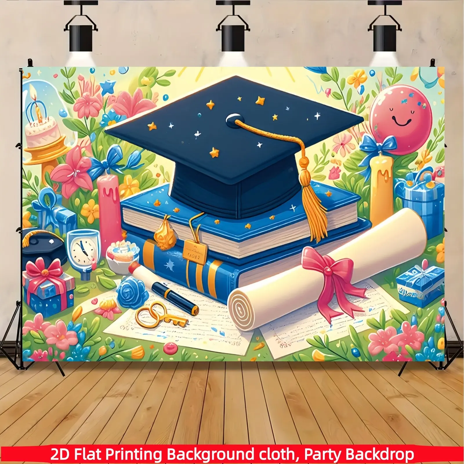 2D Flat 1pc Cartoon Graduation Backdrop Banner, Floral Mortar Board Book Diploma Photography Background, Ideal for Kindergarten Graduation, Elementary School Promotion, Birthday Party, Photo Booth Decor, Multiple Sizes Available
