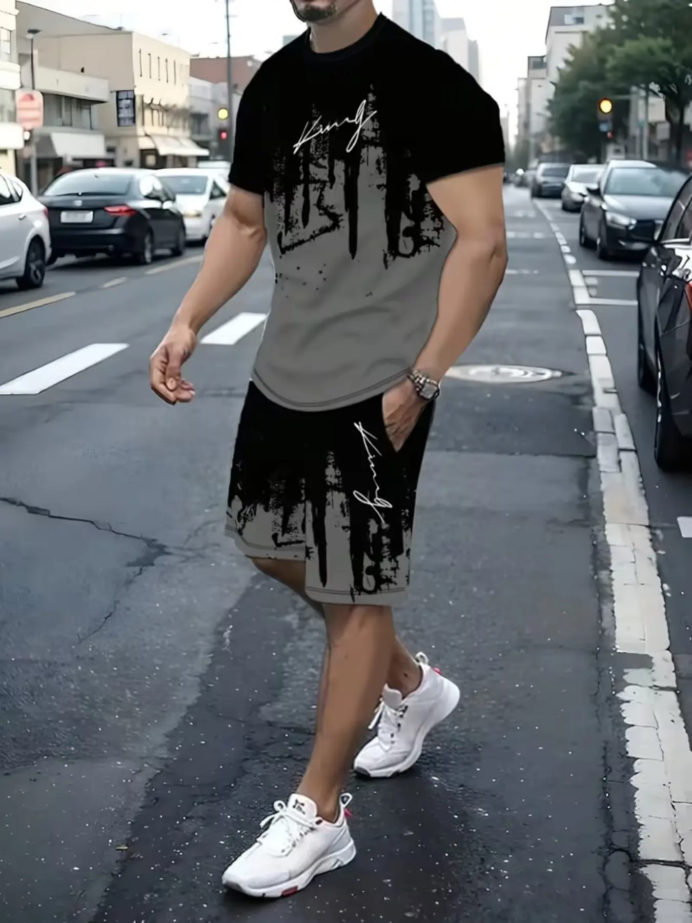 Gradient Graffiti Print Short Sleeve Set, Street Cool Sporty Design, Urban, Casual Fitted Style, All Seasons Wear