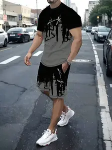 Gradient Graffiti Print Short Sleeve Set, Street Cool Sporty Design, Urban, Casual Fitted Style, All Seasons Wear