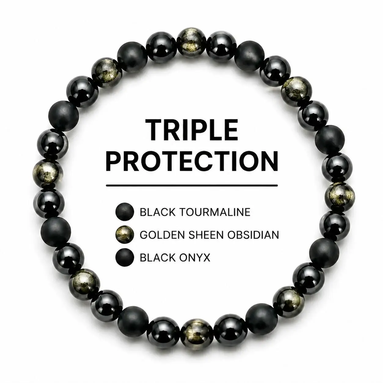 6MM 8MM MASSIVE BEADS Black Onyx Tourmaline Bracelets for Women  Triple Protection Obsidian Hematite Natural Crystal Elastic Adjustable Handmade Yoga Beads Bracelet Lucky Feng Shui  Spiritual