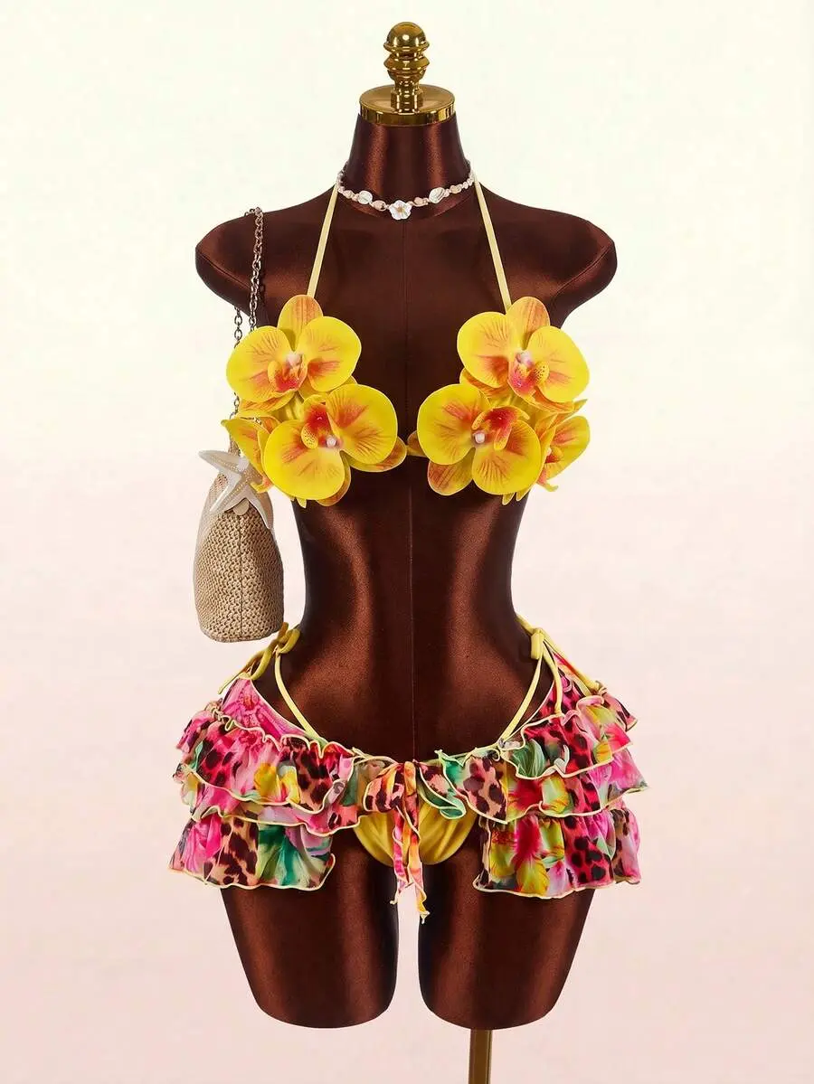 Women's 3-Pieces Bikini Set - 3D Floral Butterfly Orchid Cups, Ruffled Hem Beach Cover Up, Yellow Summer Holiday Outfits