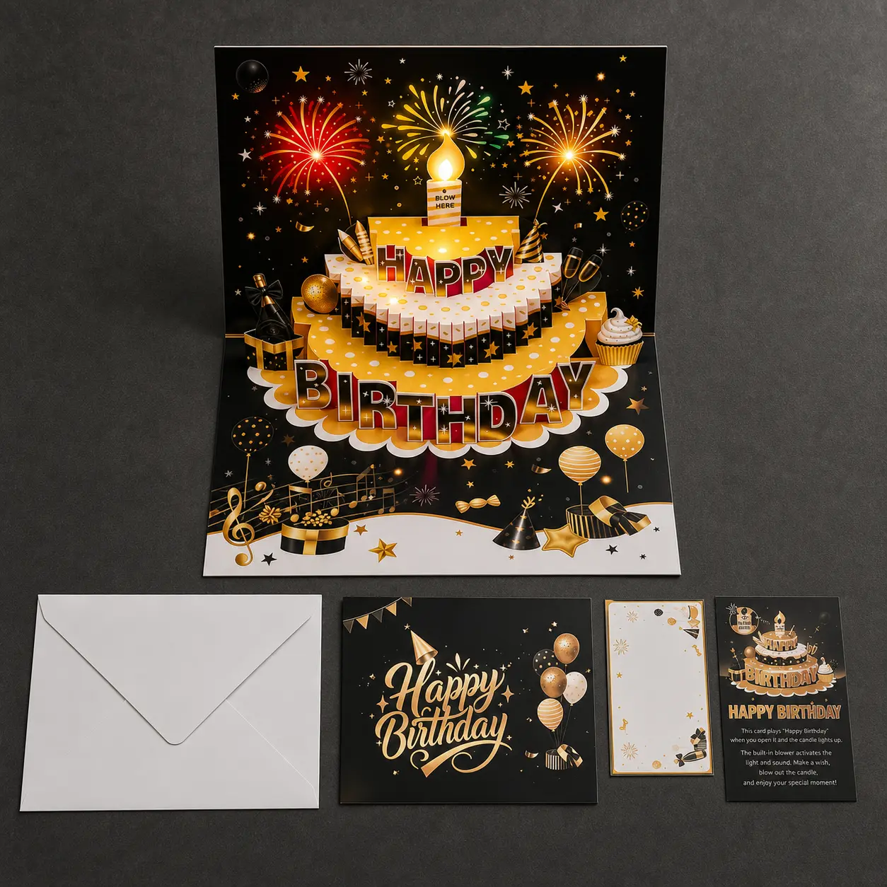 All-in-1 3D Musical Birthday Gift Set - Office Stationery Cardstock Greeting Card & Invitation Envelope, Handwritten Greeting Card, Personalized for All Ages, Cardstock Greeting Card & Invitation Envelopes card gift