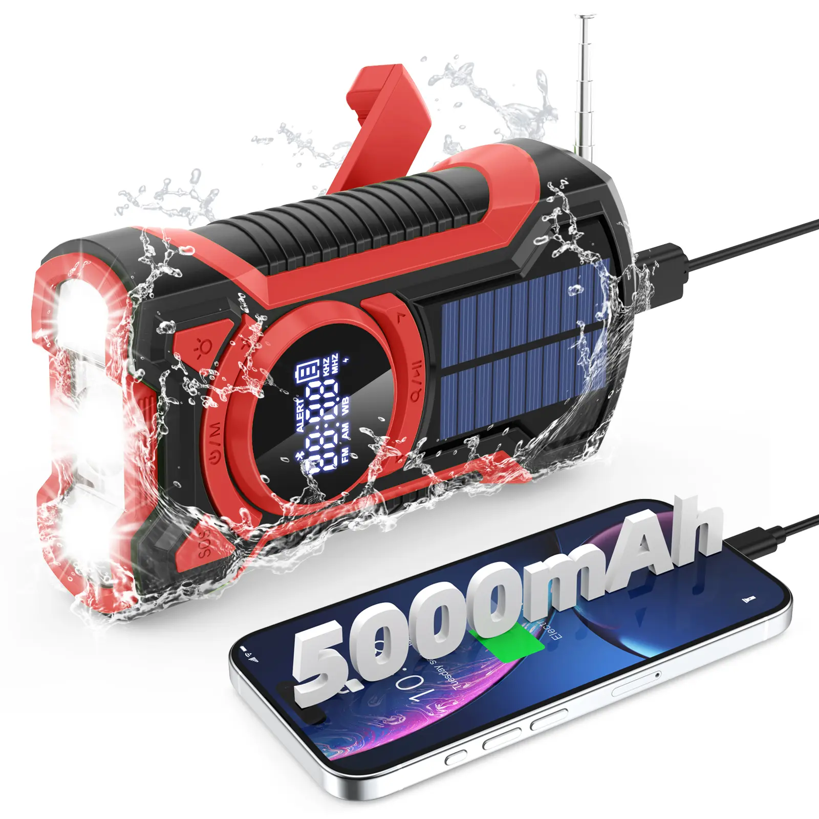 Portable Solar Hand Crank Weather Radio Emergency Kit with AM/FM/NOAA, High Performance LED Rechargeable Lightweight Waterproof Portable Flashlight Torch, Reading Lamp, Cell Phone Charger, SOS Alarm (Red Cable Hand Crank Charger), High Performance Flashli
