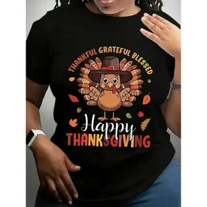 [100% Cotton] Women'S Plus Size Thanksgiving Graphic T-Shirt - Happy Thanksgiving Print With Pumpkins, Casual Short Sleeve Round Neck Top Fashion Print Women'S T-Shirt  Fabric Double Lining Cotton  On Golf Gift T-Shirt For Men And Women