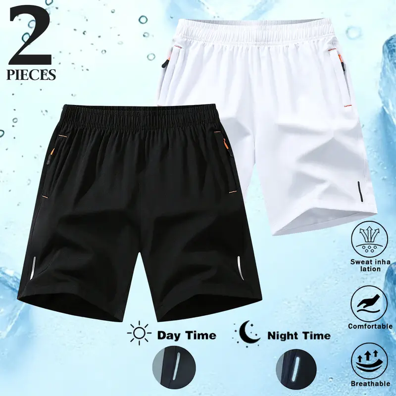 JOGWAVE Men's 2-Pack Loose-Fit Casual Sports Shorts - Solid Color, Breathable Polyester Men's Clothing, Elastic Drawstring Mid Waistband, Zip Pockets, Outdoor Sports Gear, Summer Menswear Bottoms, Mid Waist