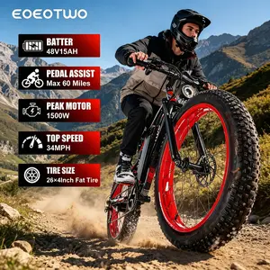 EOEOTWO Electric Bicycle (Model E01) – 1500W Peak Power, 26x4-inch Wide Tyres, 48V 15Ah All-terrain E-bike with 60-mile Range & 32mph Max Speed. Equipped with the Latest LED Colour Screen Dashboard; Suitable for Road, Sandy, Mountain & Snowy Terrain