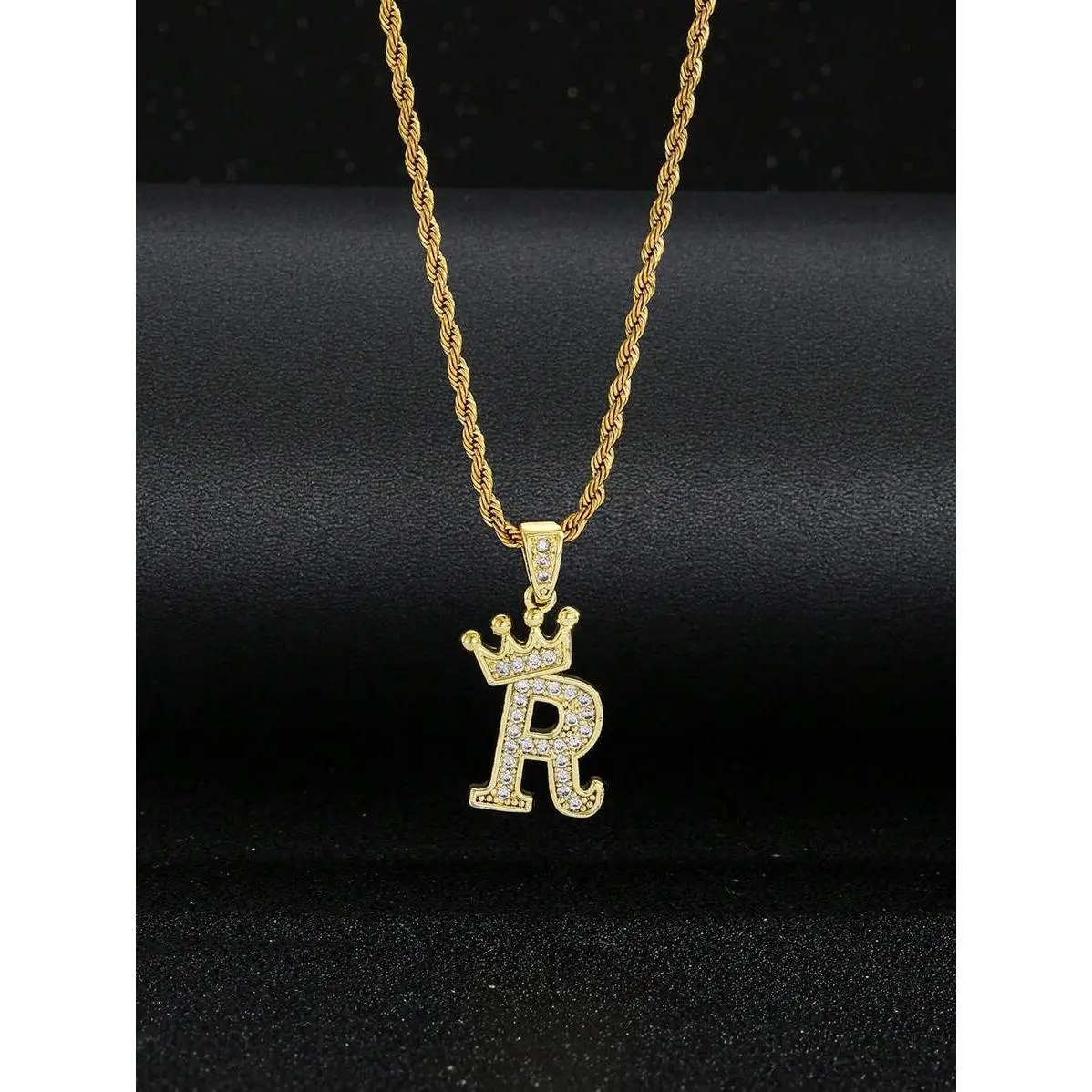 Elegant Initial Crown Necklace with Rhinestone Pendant for Men & Women, 60cm Stainless Steel Twist Chain, Casual Meaningful Gift Jewelry, Rhinestone Necklace, S, B, 7.3G