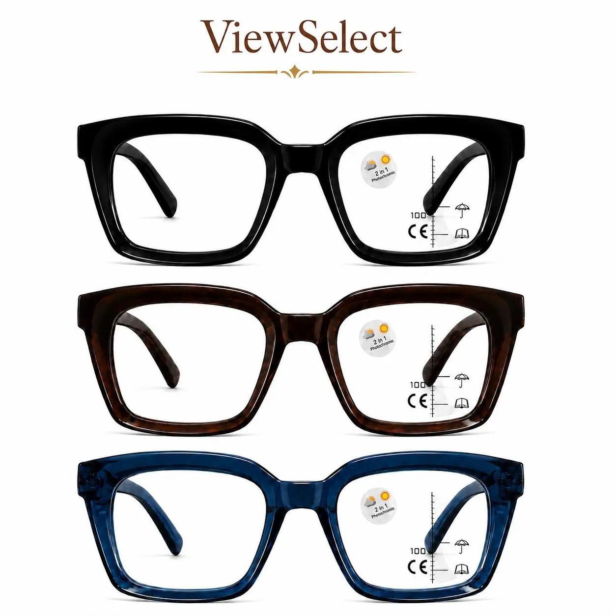 ViewSelect Oversized Square Frame Progressive Multifocal Glasses, Photochromic Light-Adaptive Eyewear, Blue Light Filtering Non-Prescription Readers for Near Mid Far Vision, Unisex
