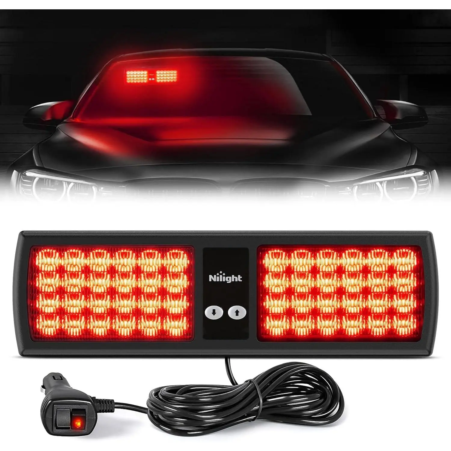 Nilight Red 48-LED 12V-24V DC Visor Mount Strobe Light Module - Interior Windshield Flasher with Hook/Velcro Straps, Power Cord, Digital Pattern Select Buttons, Double Switch, Super Bright LED for Firefighters Vehicles, Trucks, Led Light