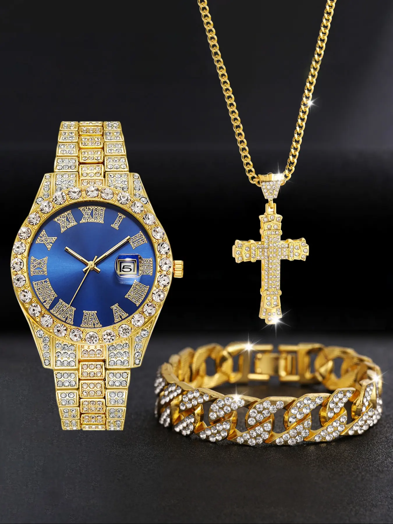 Men's High-Quality Watch Set with Necklace & Bracelet, Jewelry Set, Analog Quartz Movement, Metal Case, Perfect Gift for All Seasons