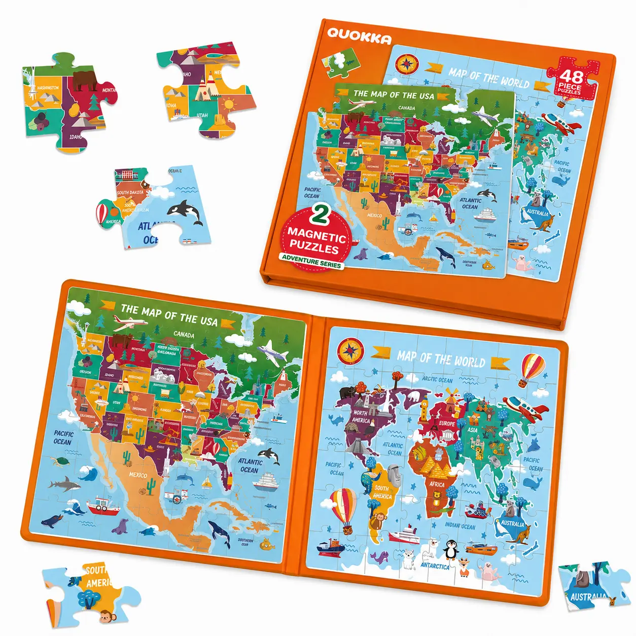 QUOKKA Magnetic Puzzles Book - 2 Sets of 48-Piece Jigsaw Puzzles, Matching Toy for Toddlers & Kids Ages 4-6, Compact Travel Toy for Flights, Fine Motor Skills-Boosting Activity with USA & World Maps, Magnetic Puzzles For Toddlers Strengthens Fine Motor Sk