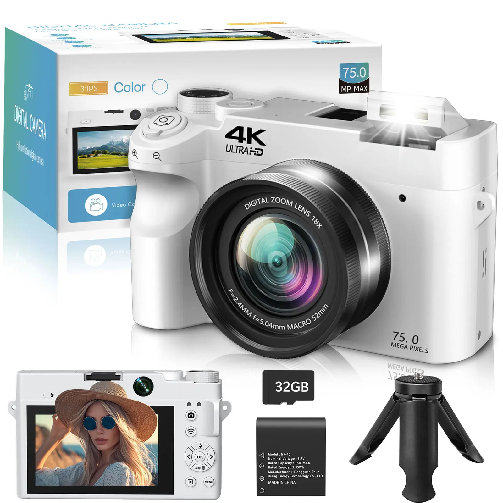 4K Digital Camera, 75MP Dual Cameras for Photography, 18X Digital Zoom Video Vlogging Camera, Autofocus Point Shoot Cameras, Compact Travel Camera with 3.0" Screen, 32GB Memory Card, 1 Battery, 1 Tripod, Perfect for Photography Beginner tiktokshopspringgl
