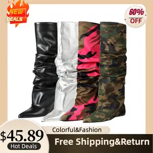 Fashionable Black Pleated Women's Knee-High Boots With Simple And Versatile Pointed Toe And Comfortable Slip-On Outdoor Wedge Heels