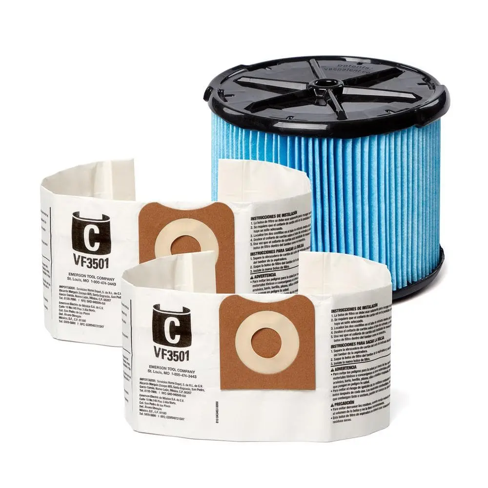 Genuine VF3511 Wet Dry Vac Filter Kit with Fine Dust Filter and 2 Dust Bags for Select 3-4.5 Gal. RIDGID Wet Dry Vacs