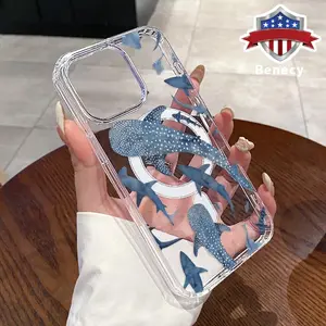 Whale Shark Wonders Pattern Magnetic Phone Case for iPhone 17 Pro Max 16 16e 15 14 Plus 13 12 11 Air XR X XS Anti-Yellowing Shockproof Lightweight Transparent Acrylic Large Hole Soft Cover Supports Wireless Charging Cellphone Casing