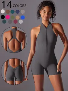 Women's Solid Zip Back Sports Romper, Stretchable Activewear, Breathable Comfortable Sleeveless Bodycon Romper for Yoga Gym Workout, Ladies Sportswear for All Seasons, Sportswear Jumpsuits, Activewear Clothing, Fitness Outfit