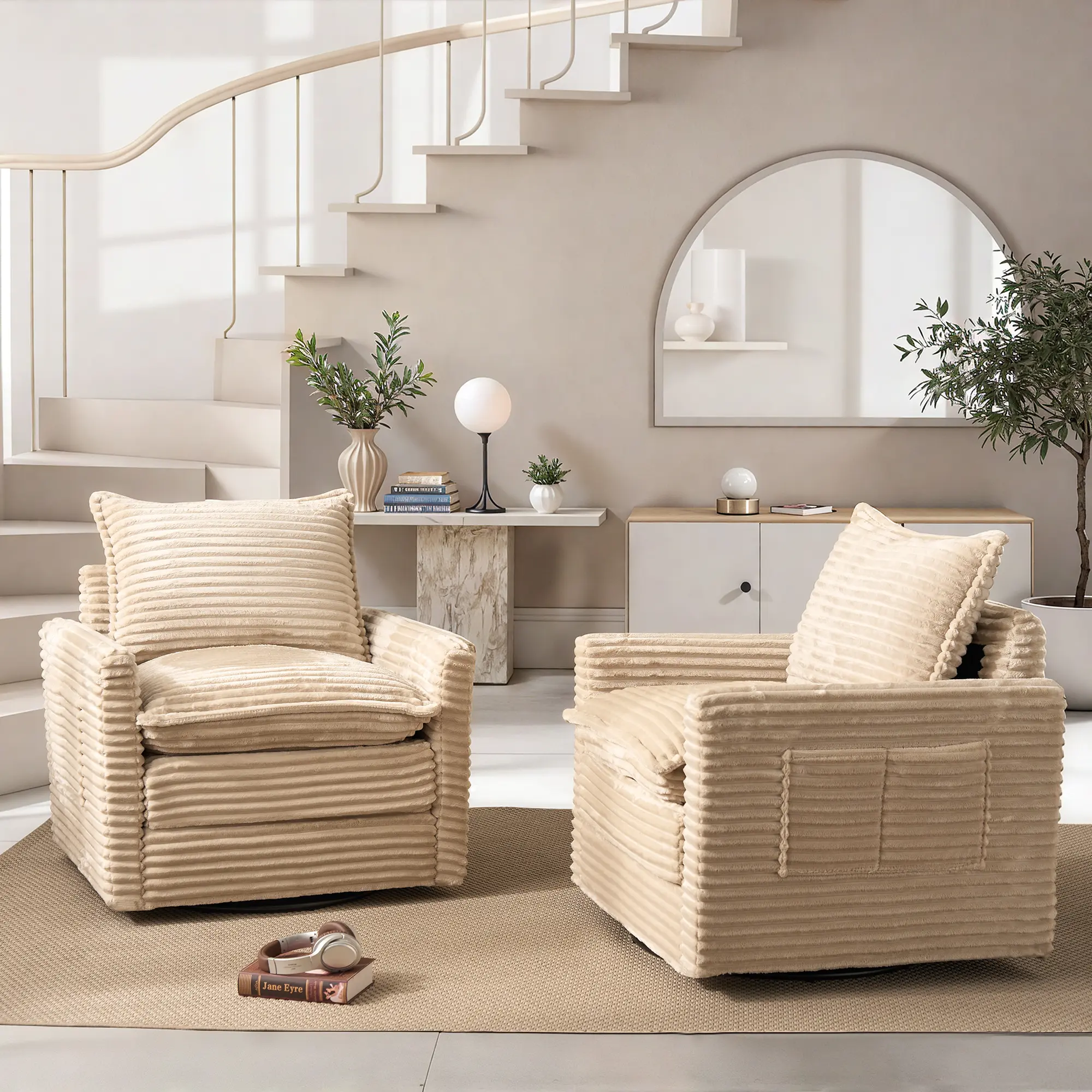 Beige Plush Corduroy Swivel Chair*2