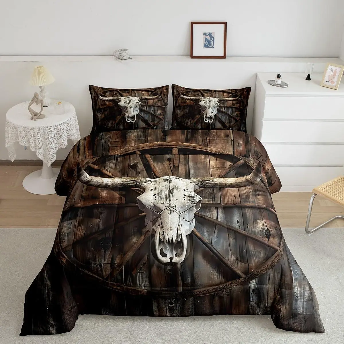 Feelyou Cow Skull Decorative Microfiber Bedding Set - Breathable Lightweight Queen Comforter Set, Vintage Farmhouse Vibe, Retro Old Barn Door Design, Brown Multi-Size Bedroom Decor, Decorative Bedding Set
