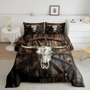 Feelyou Cow Skull Decorative Microfiber Bedding Set - Breathable Lightweight Queen Comforter Set, Vintage Farmhouse Vibe, Retro Old Barn Door Design, Brown Multi-Size Bedroom Decor, Decorative Bedding Set
