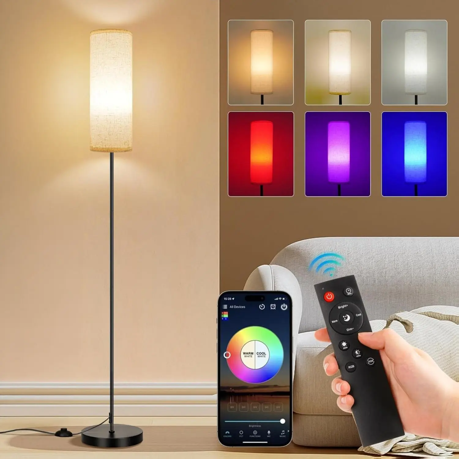 Beige Shade Smart Color Changing Floor Lamp - 9W 800LM, Music Sync, App & Remote Control, Adjustable Brightness & Color Temperature, Living Room Decor Lights for Bedroom Gaming