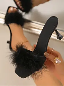 Elegant Women's Fluffy High Heel Shoes with Square Toe, High Heeled Sandals, Fashionable Party and Everyday Footwear, Perfect for Women and Girls