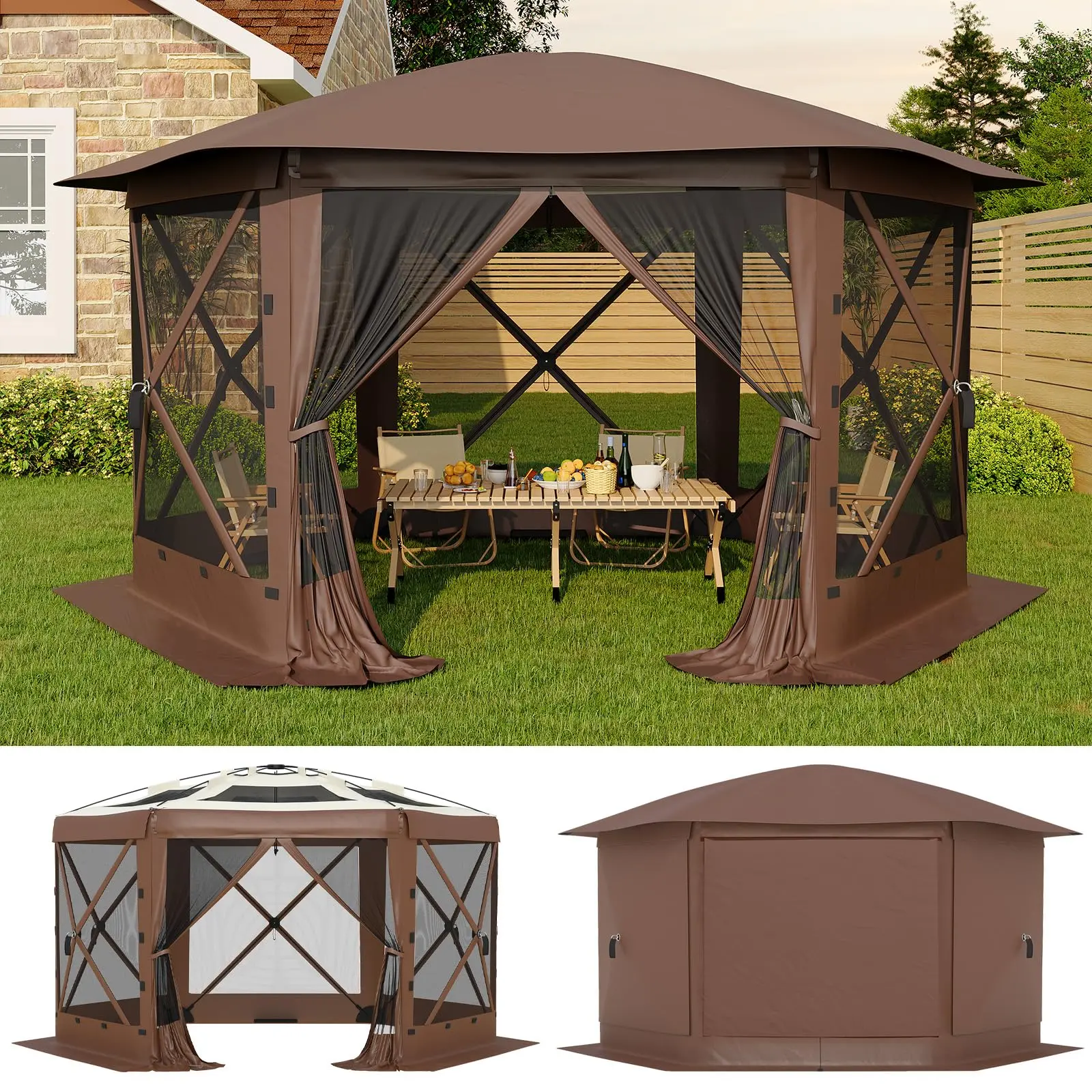 GAOMON 11x11 ft Portable Instant Pop Up Gazebo Screen Tent - Removable Canopy Top, Quick-Set 6-Sided Bite-Proof Stable Outdoor Furniture Cover, Sunshade Canopy for Camping, Backyard (Khaki), Portable Instant Canopy