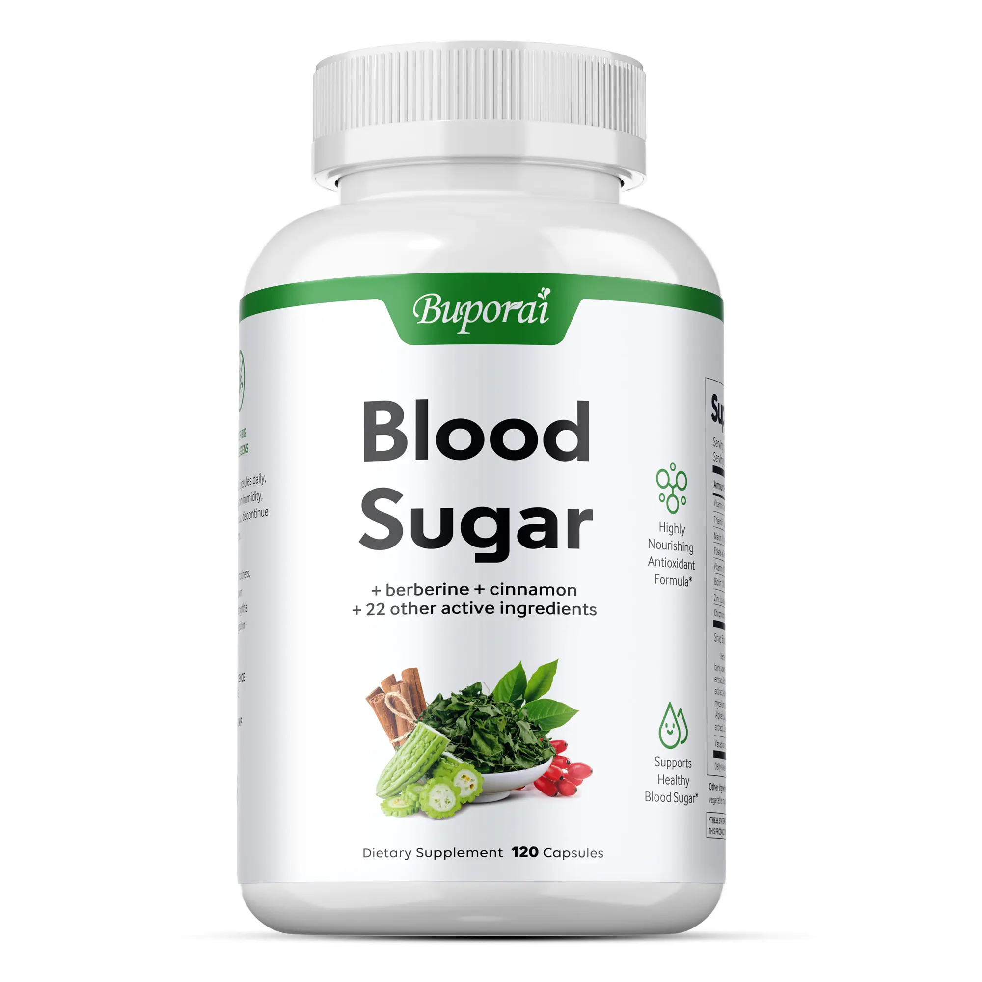 Buporai Blood Sugar Health Complex Capsules — Dietary Supplement — Enriched with Berberine, Cinnamon, Bitter Melon, African Mango, and Other Botanical Extracts — Supports Nutritional Supplementation. 120 Capsules.