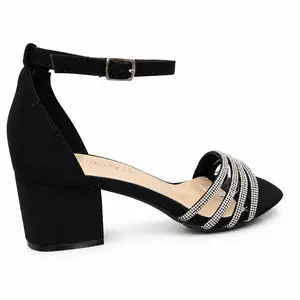 Rhinestone Strap Block Heel Sandals – Black