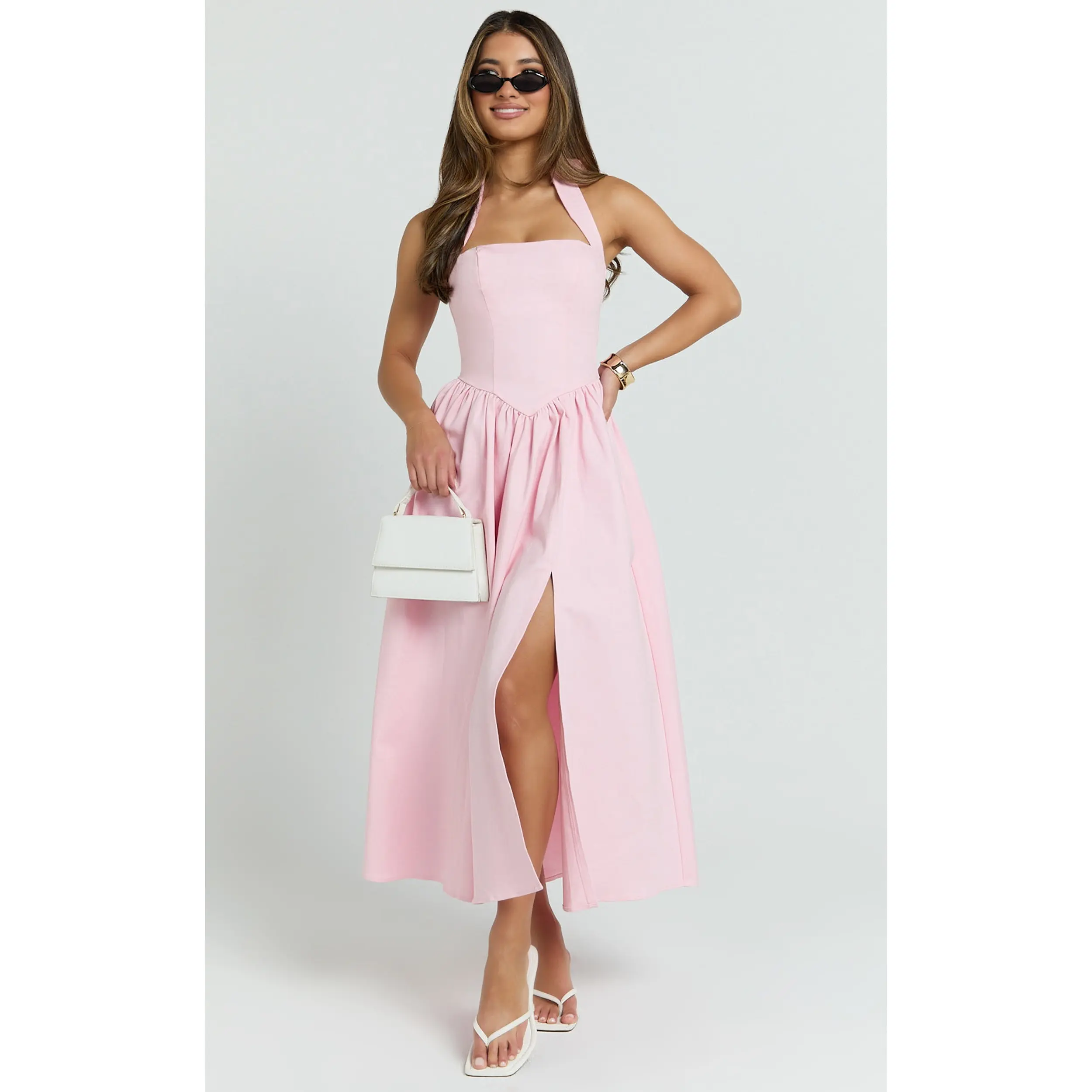 Helda Midi Dress - Halter Tie Neck Corset Panel Dress in Pink