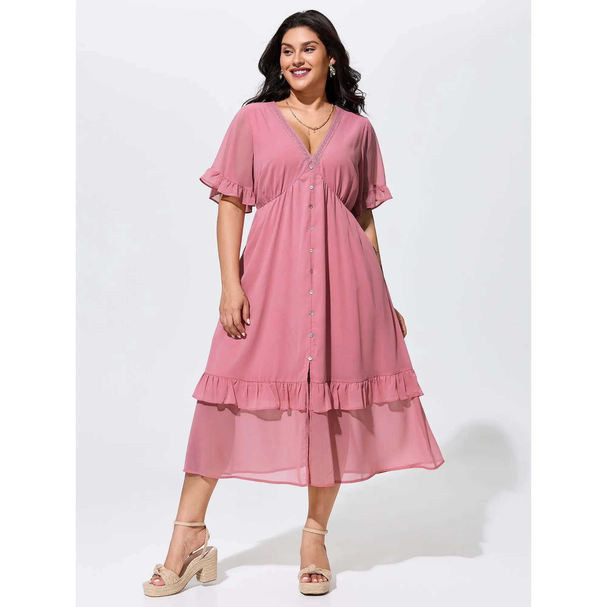 BloomChic Women's Plus Size Polyester Solid Boho Maxi Dress - Short Sleeves, Ruffle Detailing, Button Front, Lace Trim, Ruffled Hem, Pocket, Cold Wash, Casual Wear, Blush Pink, Low Iron, Plus Size Casual Dresses