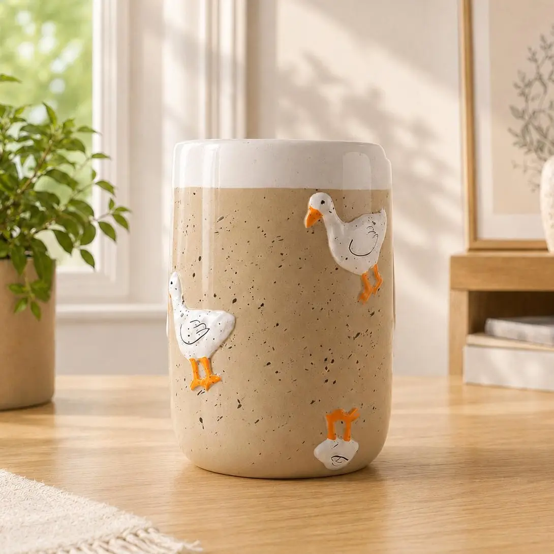 Novelty Ceramic Drinking Mug - Duck Print Kitchen Drinkware (10oz-17oz), Lead-Free Reusable Mug with Lid, Washable Microwavable Dishwasher Safe, Gift-Ready for Coffee Lovers (Hot & Cold Drinks)