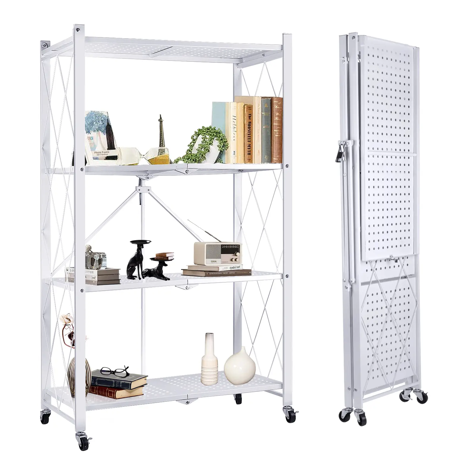 3-Tier / 4-Tier Foldable Storage Shelf with Wheels - Metal Rack Collapsible Shelving Unit Display, Rolling Cart for Books Kitchen Storage Shelves, Pantry & Closet Organizer, Office Room Decor