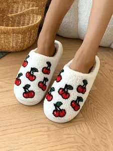 Women's Fall Winter Cherry Pattern Home Slippers House Slipper, Plush Lining Non-Slip Indoor Cotton Shoes, Cute Cartoon Design, Fabric Upper, Rubber Sole, Footwear